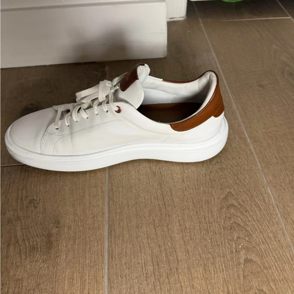 White Leather Low-Top Sneakers with Brown Leather Accents - Picture 7 of 11